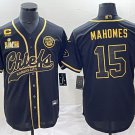 men's & youth Chiefs Uniform #15 Patrick Mahomes Jerseys Black Gold LVII C patch Baseball Shirts