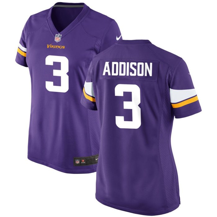 Women's Football Vikings Uniform #3 Jordan Addison Jerseys Purple 2023 Draft Limited ladys Shirts