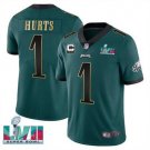 men's & youth Football Eagles Uniform #1 Jalen Hurts Jerseys Green Golden LVII C patch Shirts