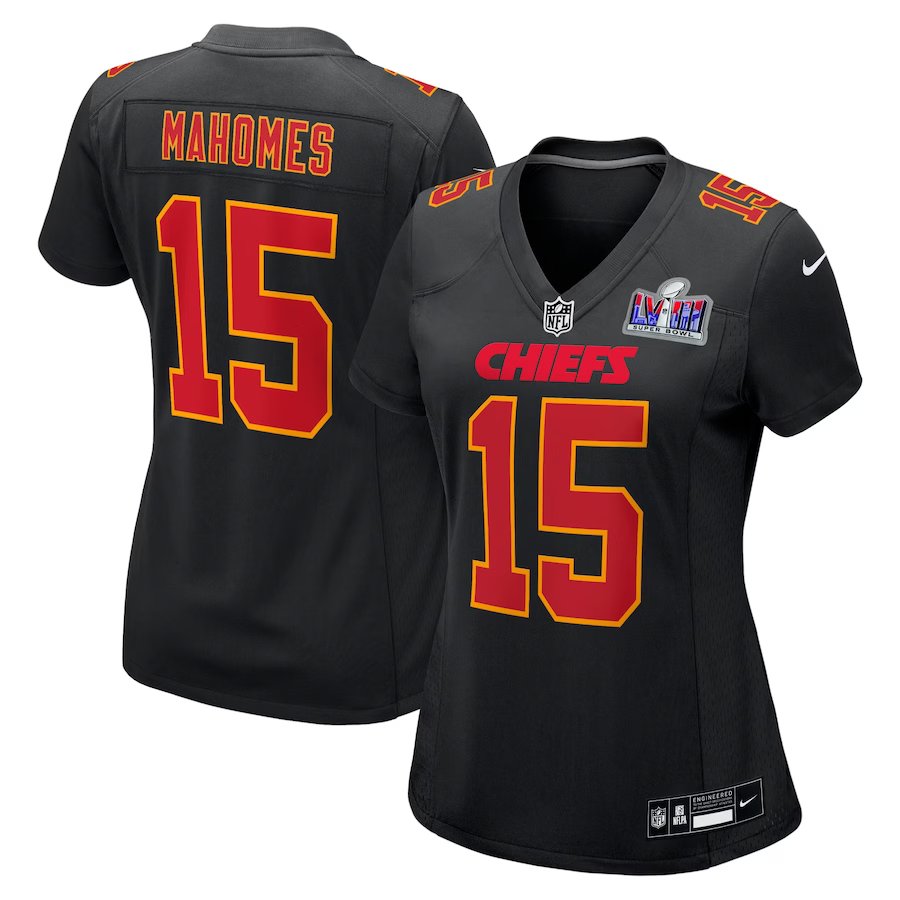 women's Activewear Football Uniform #15 Patrick Mahomes Jerseys Black 2024 Super Bowl LVIII Shirt