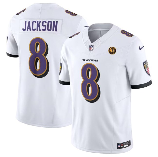 men's & kids Football Uniform #8 Lamar Jackson Jerseys White F.U.S.E. John Madden Patch Shirt