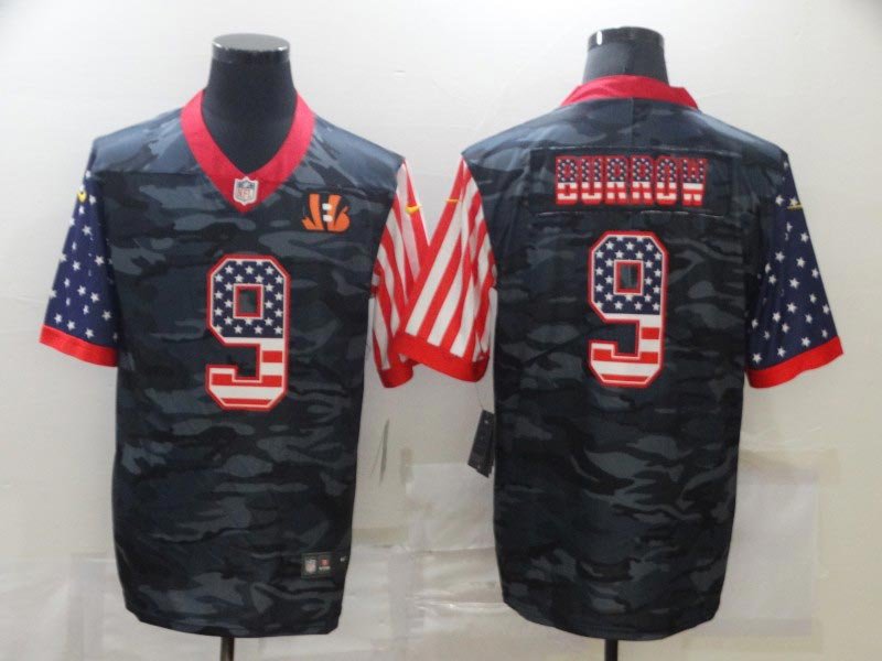 men's Activewear Football Uniform #9 Joe Burrow Jerseys Camo USA Flag Salute To Service Shirt