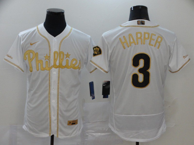 men's & youth Baseball Team Uniform 3 Bryce Harper Jerseys White Golded Edition Elite Shirt