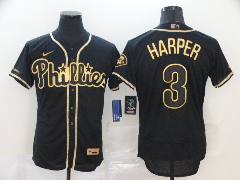 men's & youth Baseball Team Uniform 3 Bryce Harper Jerseys Black Golded Edition Elite Shirt