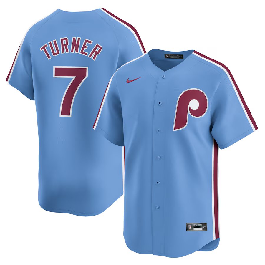 men's & youth Baseball Team Uniform 7 Trea Turner Jerseys Light Blue Alternate Limited Player Shirt