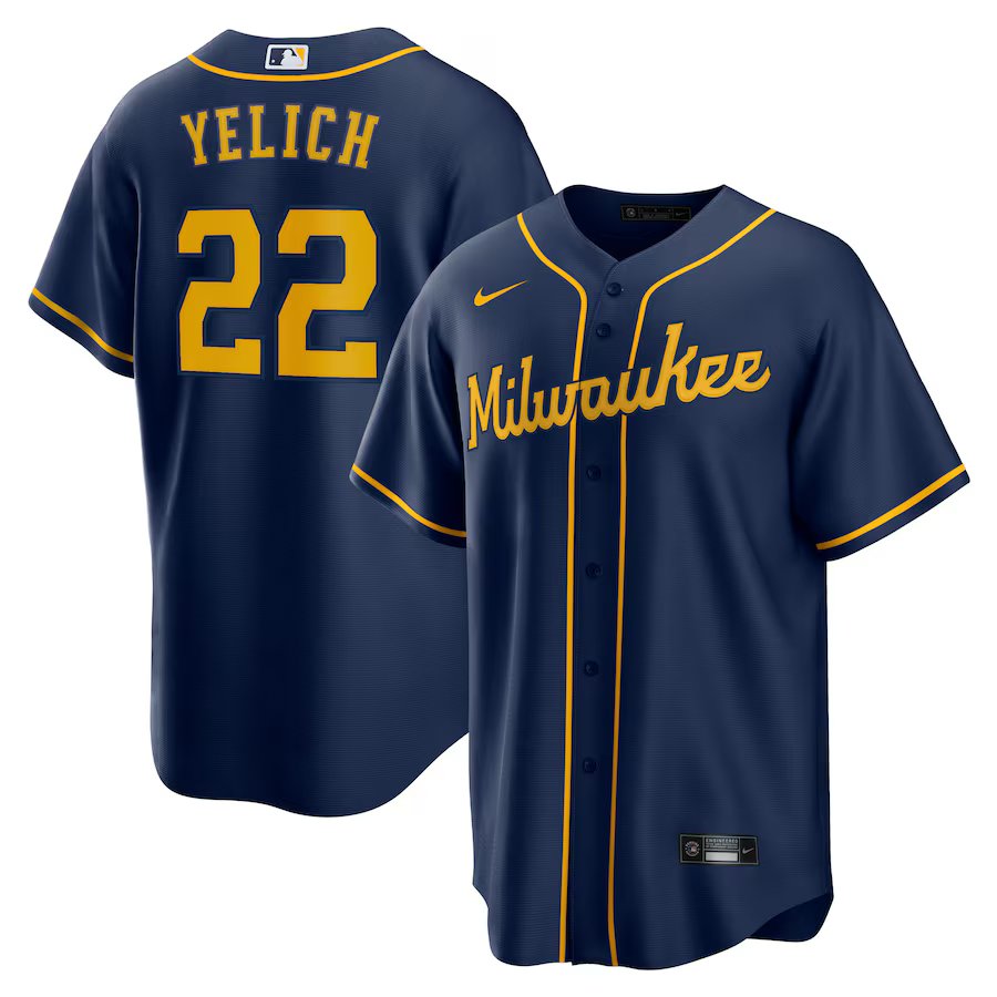 men's & youth Baseball MIL Team Uniform 22 Christian Yelich Jerseys Navy Alternate Player Game Shirt