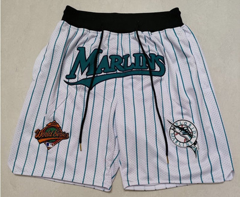 men's Florida Marlins White Pinstripe 1997 World Series Just Don Pocket Zipper Baseball Shorts