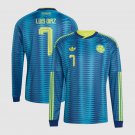 adult & kids Colombia National Soccer Uniform 7 Luis Diaz Jersey Away 2026 Turquoise Long-Sleeve