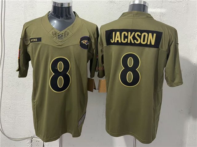 adult Ravens Uniform 8 Lamar Jackson Jersey Stitched Activewear Olive 2025 Salute To Service Shirt