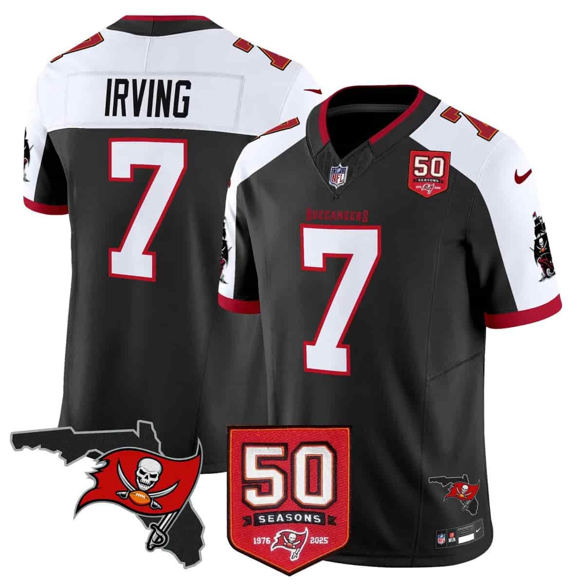 adult & youth Buccaneers Uniform 7 Bucky Irving Jersey Stitched Black-White 50th Season Patch Shirt