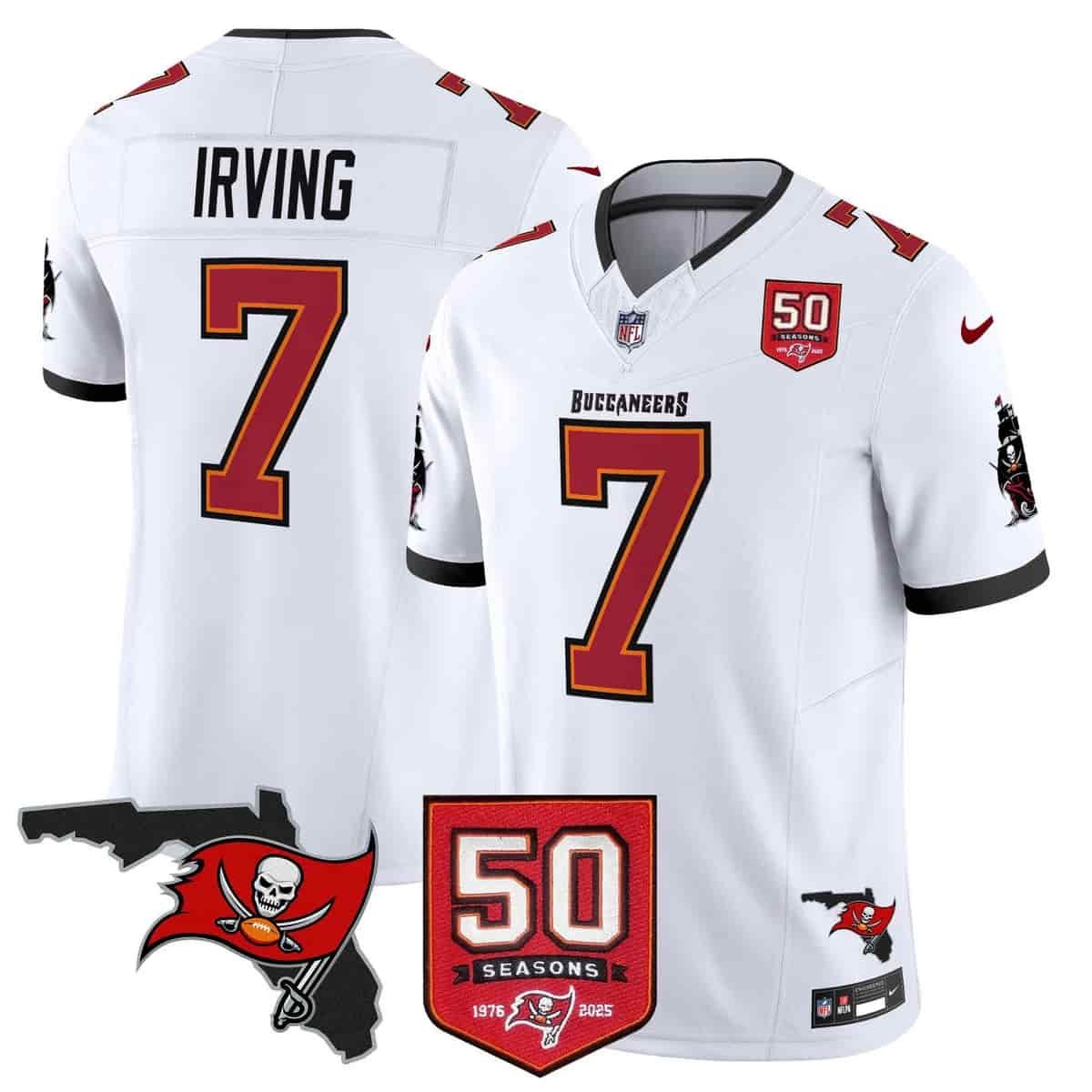 adult & youth Buccaneers Uniform 7 Bucky Irving Jersey Stitched White 50th Season Patch Activewear