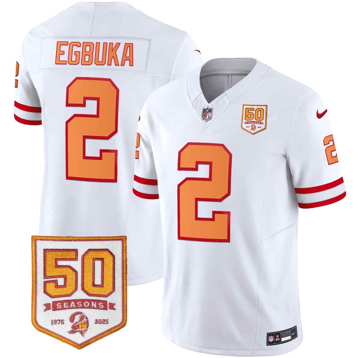 adult & youth Buccaneers Uniform 2 Emeka Egbuka Jersey Stitched White 50th Season Patch Activewear