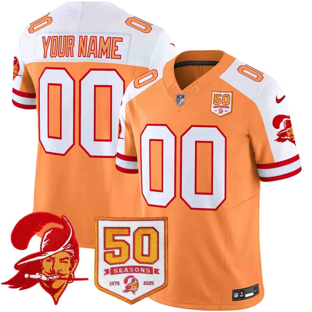 adult & youth Buccaneers Uniform 00 Custom name number Jersey Stitched Orange-White 50th Season