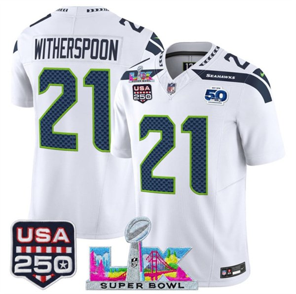 adult & youth Seahawks 21 Devon Witherspoon Jersey Stitched White Super Bowl LX & 50th & USA 250