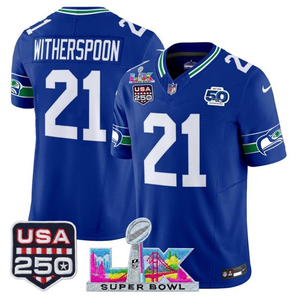 adult & youth Seahawks 21 Devon Witherspoon Jersey Stitched Royal Super Bowl LX & 50th & USA 250