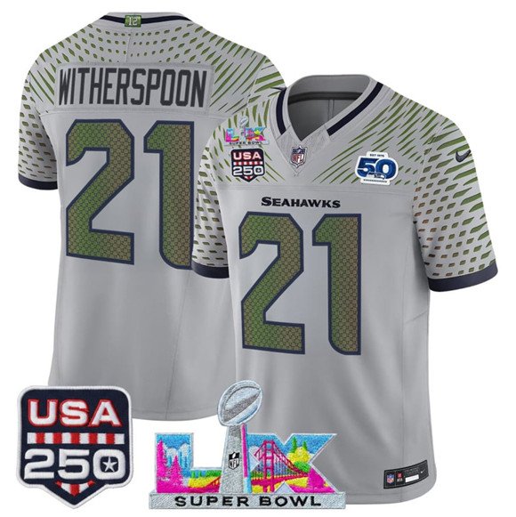 adult & youth Seahawks 21 Devon Witherspoon Jersey Stitched Gray Super Bowl LX & 50th & USA 250