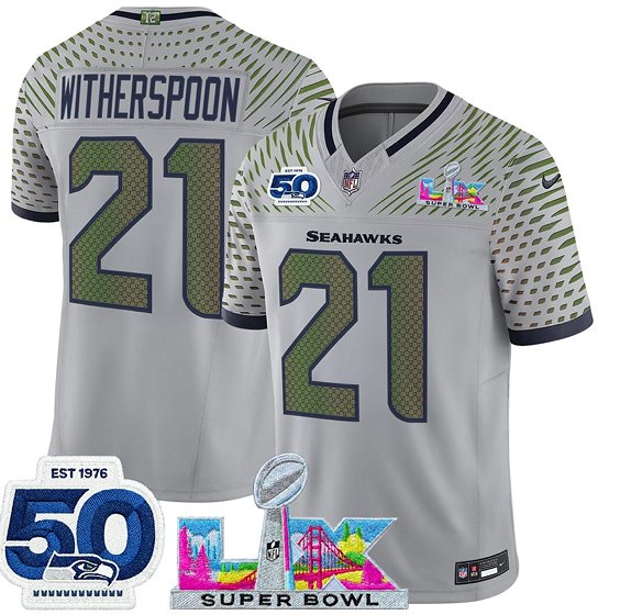 adult & youth Seahawks 21 Devon Witherspoon Jersey Stitched Gray Super Bowl LX & 50th Season Patch