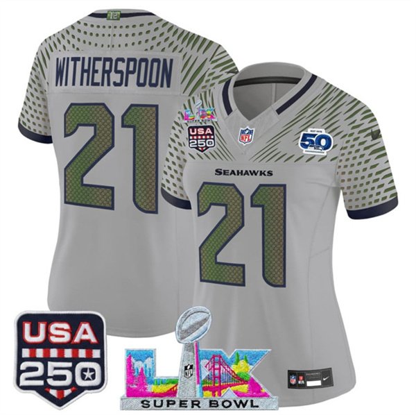 women's Seahawks 21 Devon Witherspoon Jersey Stitched Gray Super Bowl LX & 50th & USA 250 Patch