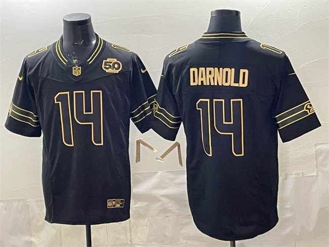 adult Seattle Seahawks Uniform 14 Sam Darnold Jersey Stitched Black Gold 50th Season Patch Shirt