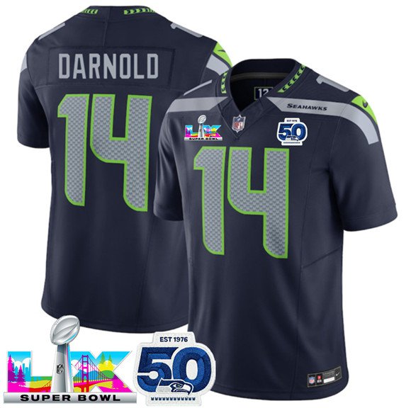 adult & youth Seahawks 14 Sam Darnold Jersey Stitched Navy Super Bowl LX & 50th Season Patch Shirt