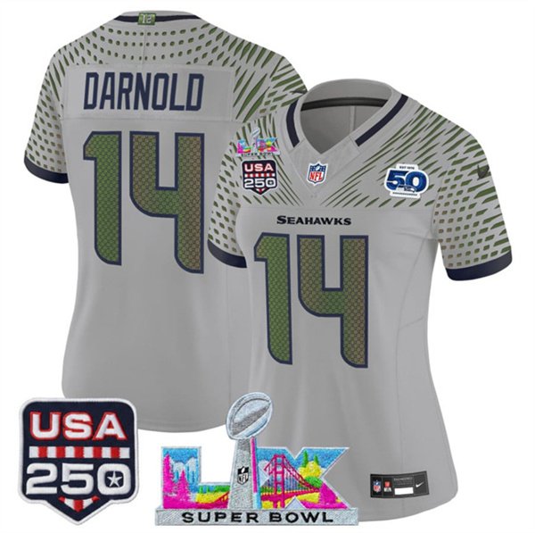 women's Seahawks Uniform 14 Sam Darnold Jersey Stitched Gray Super Bowl LX & 50th & USA 250 Patch