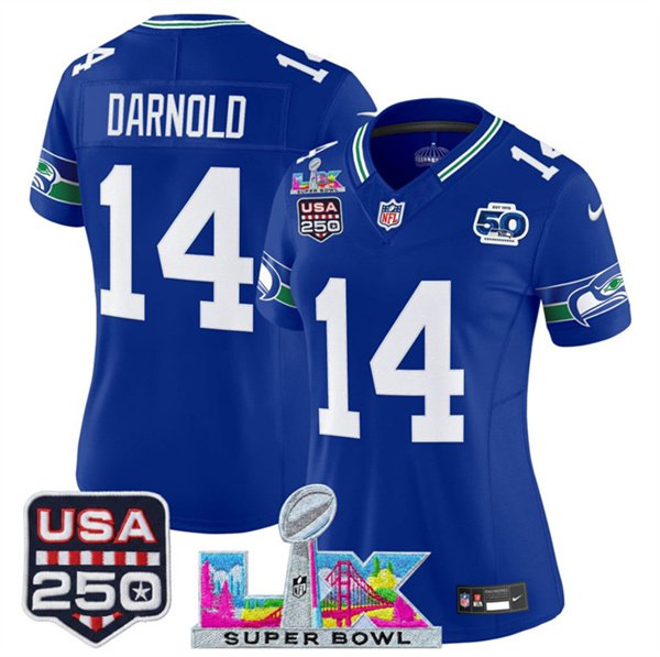 women's Seahawks Uniform 14 Sam Darnold Jersey Stitched Royal Super Bowl LX & 50th & USA 250 Patch