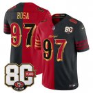 adult & youth SF 49ers Uniform 97 Nick Bosa Jersey Stitched 80th Years Patch Split Red/Black Shirt