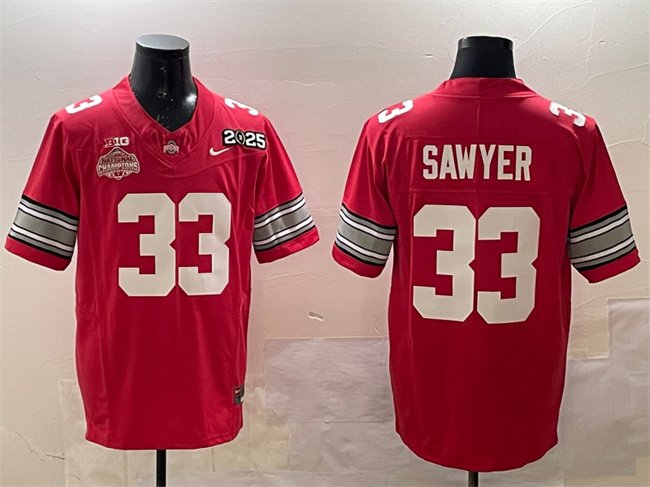adult Ohio State Buckeyes 33 Jack Sawyer Jersey College Red 2025 with Champions Patch Stitched