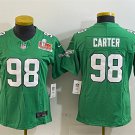 women's Philadelphia Eagles Uniform 98 Jalen Carter Jersey Stitched Green 2025 Super Bowl LIX Patch