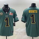 adult Eagles Uniform 1 Jalen Hurts Jersey Stitched Green Golden 2025 Super Bowl LIX and C Patch