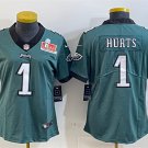 women's Eagles Uniform 1 Jalen Hurts Jersey Stitched Activewear Green 2025 Super Bowl LIX Patch
