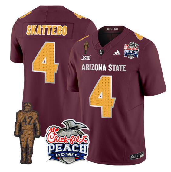adult & youth Arizona Sun Devils 4 Cam Skattebo Jersey College Maroon Pat Tillman & Peach Bowl Patch