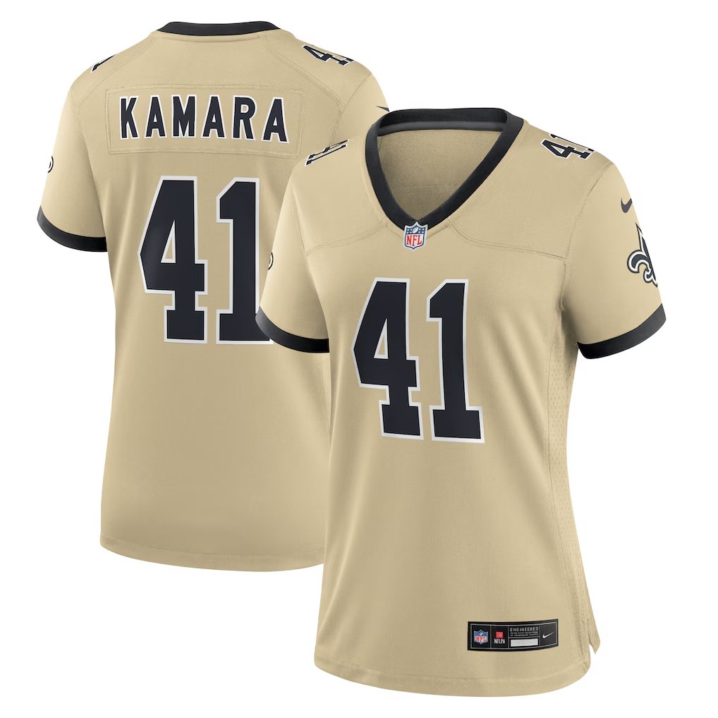 women's New Orleans Saints Uniform 41 Alvin Kamara Jersey Stitched Activewear Gold Shirt