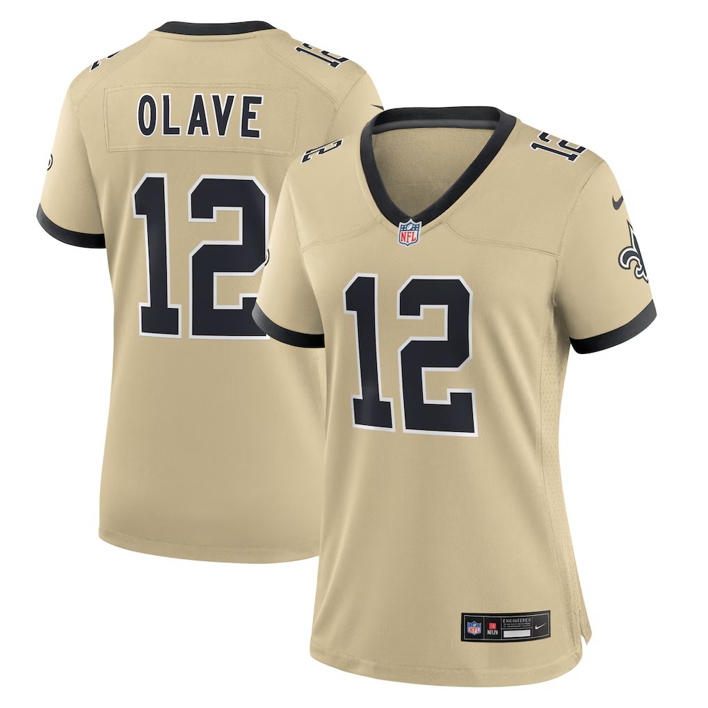 women's New Orleans Saints Uniform 12 Chris Olave Jersey Stitched Activewear Gold Shirt