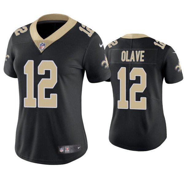 women's New Orleans Saints Uniform 12 Chris Olave Jersey Stitched Activewear Black Shirt