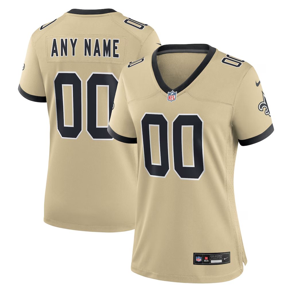 women's New Orleans Saints Uniform 00 Custom name number Jersey Stitched Activewear Gold Shirt
