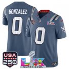 adult & youth NE Patriots 0 Christian Gonzalez Jersey Blue 2026 Super Bowl LX and USA 250' Patch