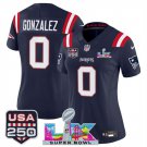 women's NE Patriots 0 Christian Gonzalez Jersey Stitched Navy 2026 Super Bowl LX and USA 250' Patch