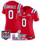 women's NE Patriots 0 Christian Gonzalez Jersey Stitched Red 2026 Super Bowl LX and USA 250' Patch