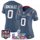 women's NE Patriots 0 Christian Gonzalez Jersey Stitched Blue 2026 Super Bowl LX and USA 250' Patch