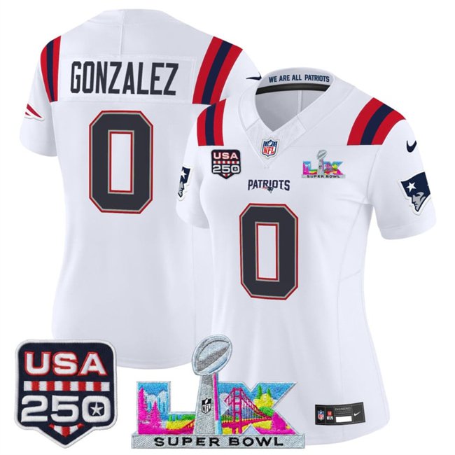 women's NE Patriots 0 Christian Gonzalez Jersey Stitched White 2026 Super Bowl LX and USA 250' Patch