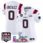 women's NE Patriots 0 Christian Gonzalez Jersey Stitched White 2026 Super Bowl LX and USA 250' Patch