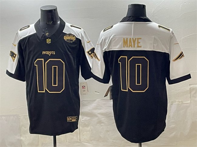adult NE Patriots Uniform 10 Drake Maye Jersey Stitched Activewear Black Gold Championship Patch