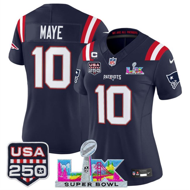 women's Patriots 10 Drake Maye Jersey Stitched Navy 2026 Super Bowl LX and USA 250' with C Patch
