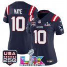women's Patriots 10 Drake Maye Jersey Stitched Navy 2026 Super Bowl LX and USA 250' with C Patch