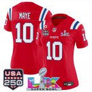 women's Patriots 10 Drake Maye Jersey Stitched Red 2026 Super Bowl LX and USA 250' with C Patch