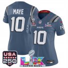 women's Patriots 10 Drake Maye Jersey Stitched Blue 2026 Super Bowl LX and USA 250' with C Patch