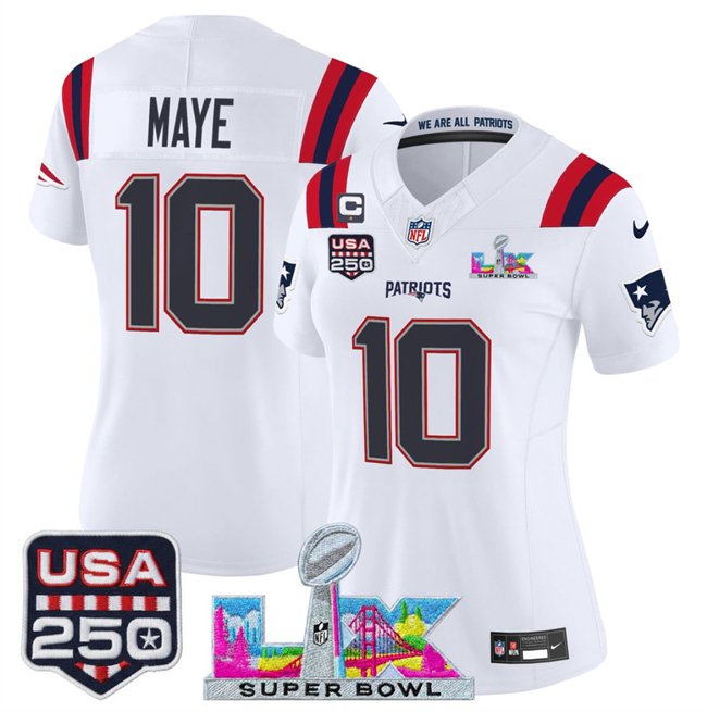 women's Patriots 10 Drake Maye Jersey Stitched White 2026 Super Bowl LX and USA 250' with C Patch
