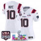 women's Patriots 10 Drake Maye Jersey Stitched White 2026 Super Bowl LX and USA 250' with C Patch