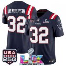 adult & youth NE Patriots 32 TreVeyon Henderson  Jersey Navy 2026 Super Bowl LX and USA 250' Patch